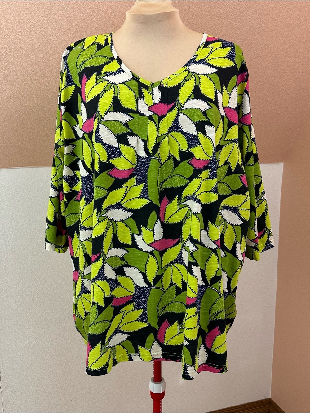 Ulla Popken Tunic Top Plus Size 20/22 100% Cotton Leaf Print 3/4 Sleeve Bohemian